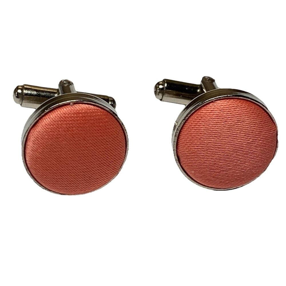 Elegant Salmon Pink Fabric Cuff Links Round Chrome Like Rim Formal & Vintage